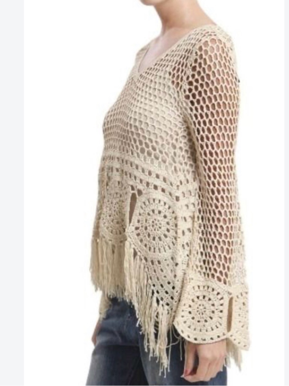 Blu Pepper Cream Crochet V-Neck Fringe Sweater